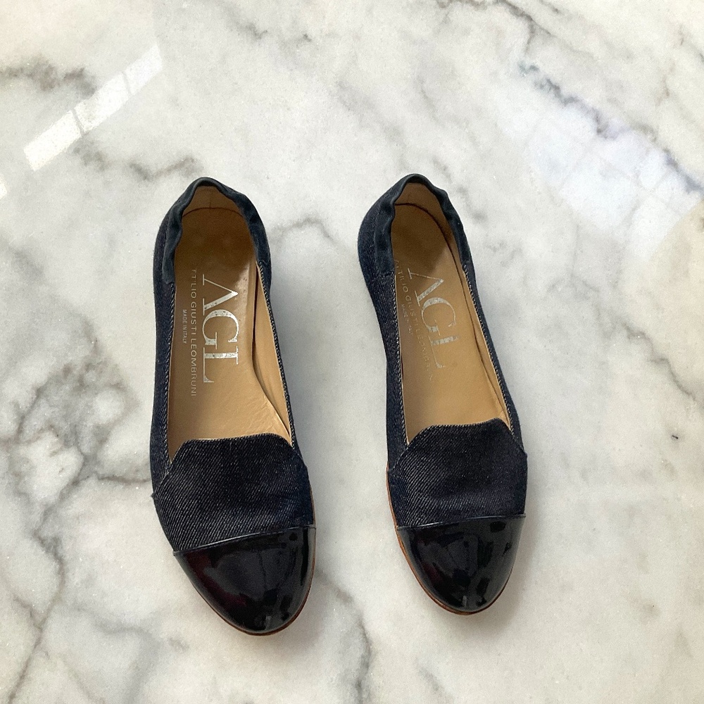 AGL Atilio Giusti Leombruini Denim and Patent Leather Loafer Flat. EU 36.5